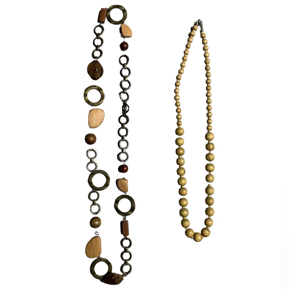 Bohemian Wood Stone Metal Necklace Set 2 Piece Neutral Beaded Statement Jewelry